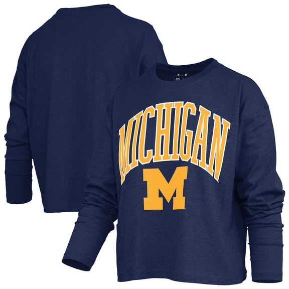 Women's Pressbox Navy Michigan Wolverines Motley Boxy Waist-Length Long Sleeve T-Shirt