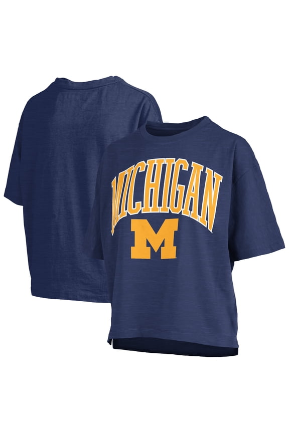 Women's Pressbox Navy Michigan Wolverines Nelson Arch Over Logo Waist Length Oversized Slub T-Shirt