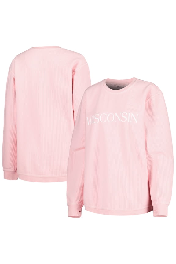 Women's Pressbox Pink Wisconsin Badgers Comfy Cord Bar Print Pullover Sweatshirt