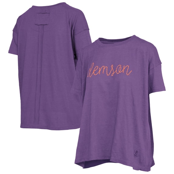 Women's Pressbox Heather Purple Clemson Tigers Swirl Script Twisted Team Color Stitched Oversized T-Shirt