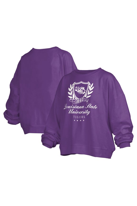 Women's Pressbox Purple LSU Tigers Big Aug Script Janice Oversized Pullover Sweatshirt