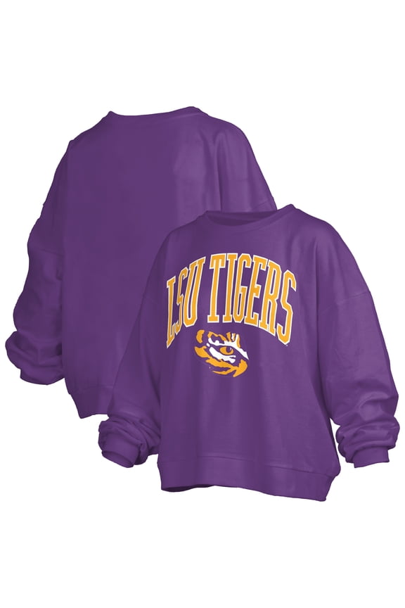Women's Pressbox Purple LSU Tigers Janise Arch Over Logo Waist Length Oversized Pullover Sweatshirt
