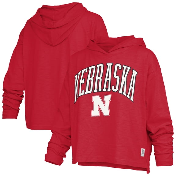 Women's Pressbox  Red Nebraska Huskers Nelson Arch Over Logo Long Sleeve Hooded T-Shirt