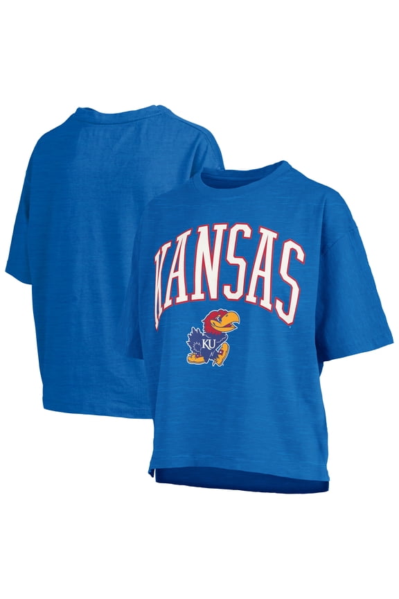 Women's Pressbox Royal Kansas Jayhawks Nelson Arch Over Logo Waist Length Oversized Slub T-Shirt