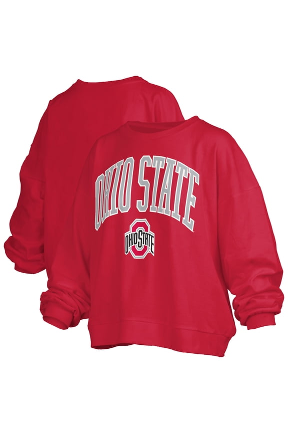 Women's Pressbox Scarlet Ohio State Buckeyes Janise Arch Over Logo Waist Length Oversized Pullover Sweatshirt