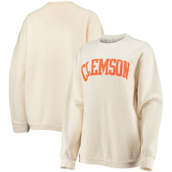 Women's Pressbox White Clemson Tigers Comfy Cord Vintage Wash Basic Arch Pullover Sweatshirt