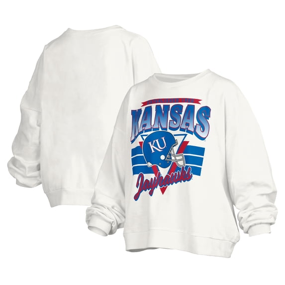 Women's Pressbox White Kansas Jayhawks Janice Retro Logo Oversized Pullover Sweatshirt