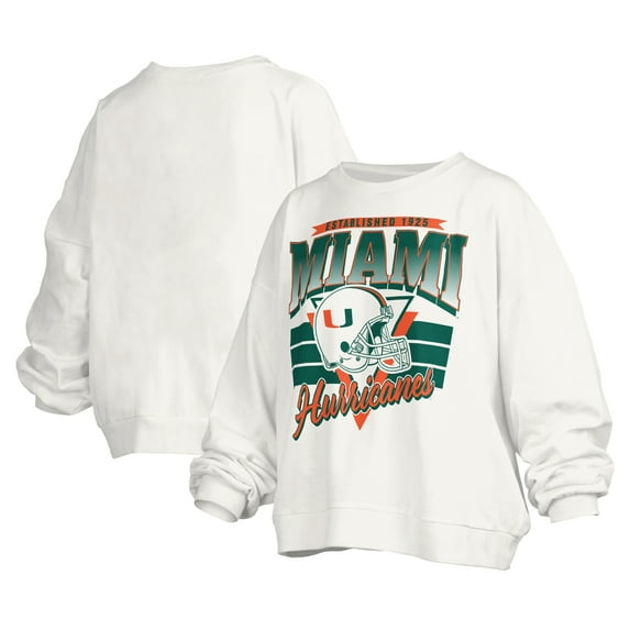 Women's Pressbox White Miami Hurricanes Janice Retro Logo Oversized Pullover Sweatshirt