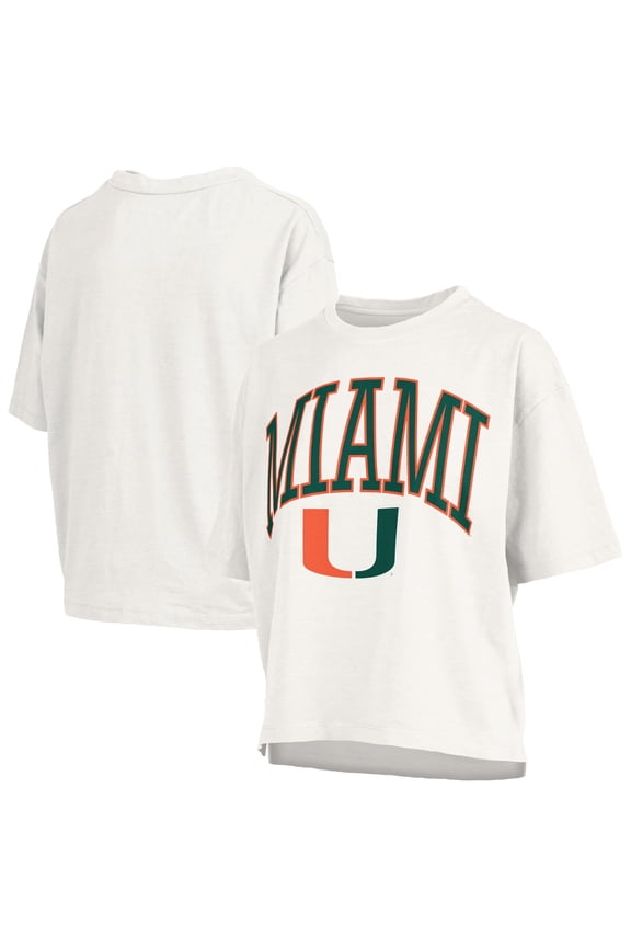 Women's Pressbox White Miami Hurricanes Nelson Arch Over Logo Waist Length Oversized Slub T-Shirt