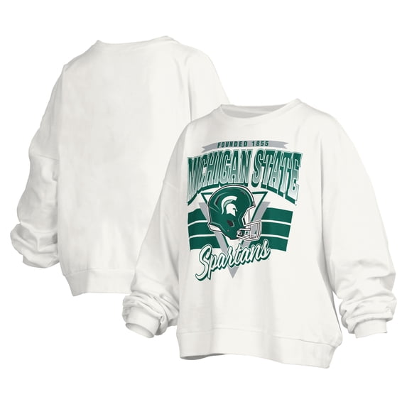Women's Pressbox White Michigan State Spartans Janice Retro Logo Oversized Pullover Sweatshirt