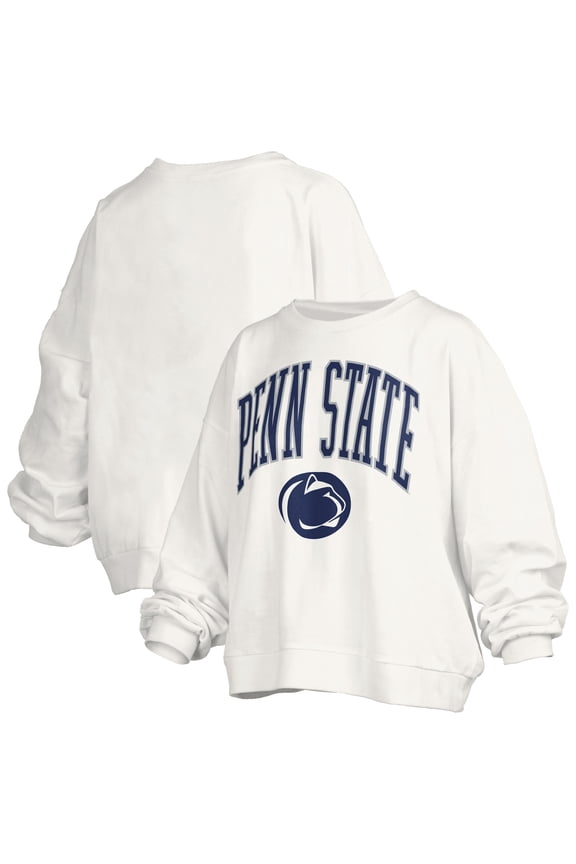 Women's Pressbox White Penn State Nittany Lions Janise Arch Over Logo Waist Length Oversized Pullover Sweatshirt