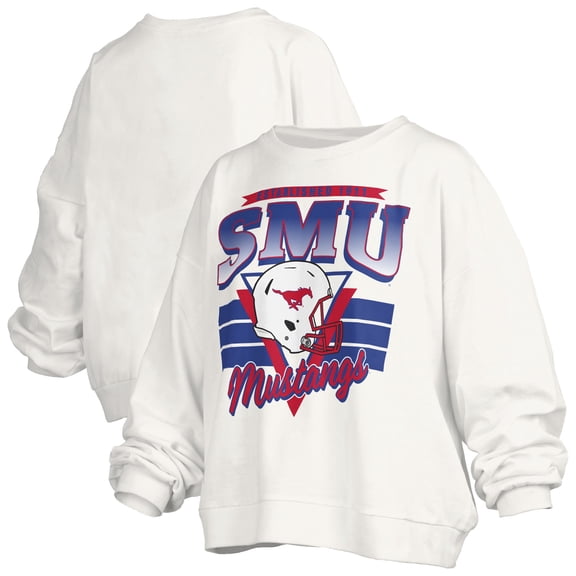 Women's Pressbox White SMU Mustangs Oversized Janice Retro Waist-Length Pullover Sweatshirt