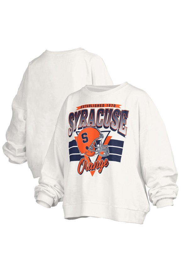 Women's Pressbox White Syracuse Orange Oversized Janice Retro Waist-Length Pullover Sweatshirt