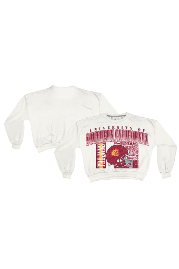 Women's Pressbox White USC Trojans Oversized Janice Retro Waist-Length Sweatshirt