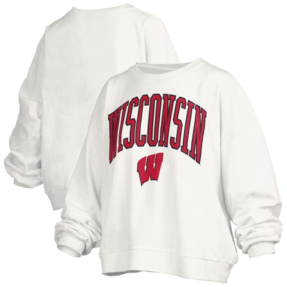 Women's Pressbox White Wisconsin Badgers Oversized Janise Arch Over Logo Fleece Sweatshirt