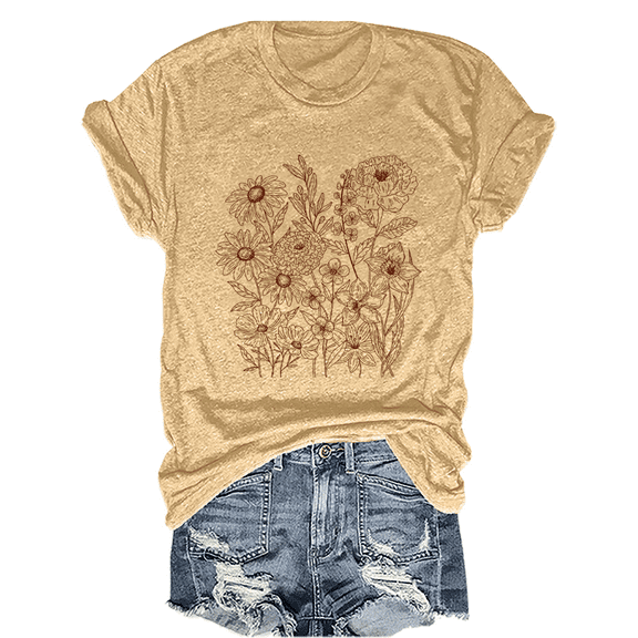Women's Pressed Graphic Tees Boho Wildflower T-Shirt Short Sleeve Casual Tops
