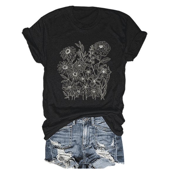 Women's Pressed Graphic Tees Boho Wildflower T-Shirt Short Sleeve Casual Tops