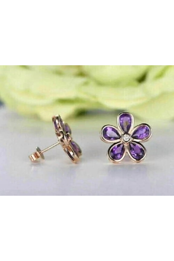 Women's Pretty 2Ct Pear Cut Lab Created Amethyst Flower Push Back Stud Earrings in 14K Rose Gold Plated