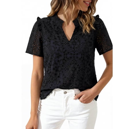 PRETTYGARDEN Women's V Neck Eyelet Short Sleeve Top, Sizes S-XXL