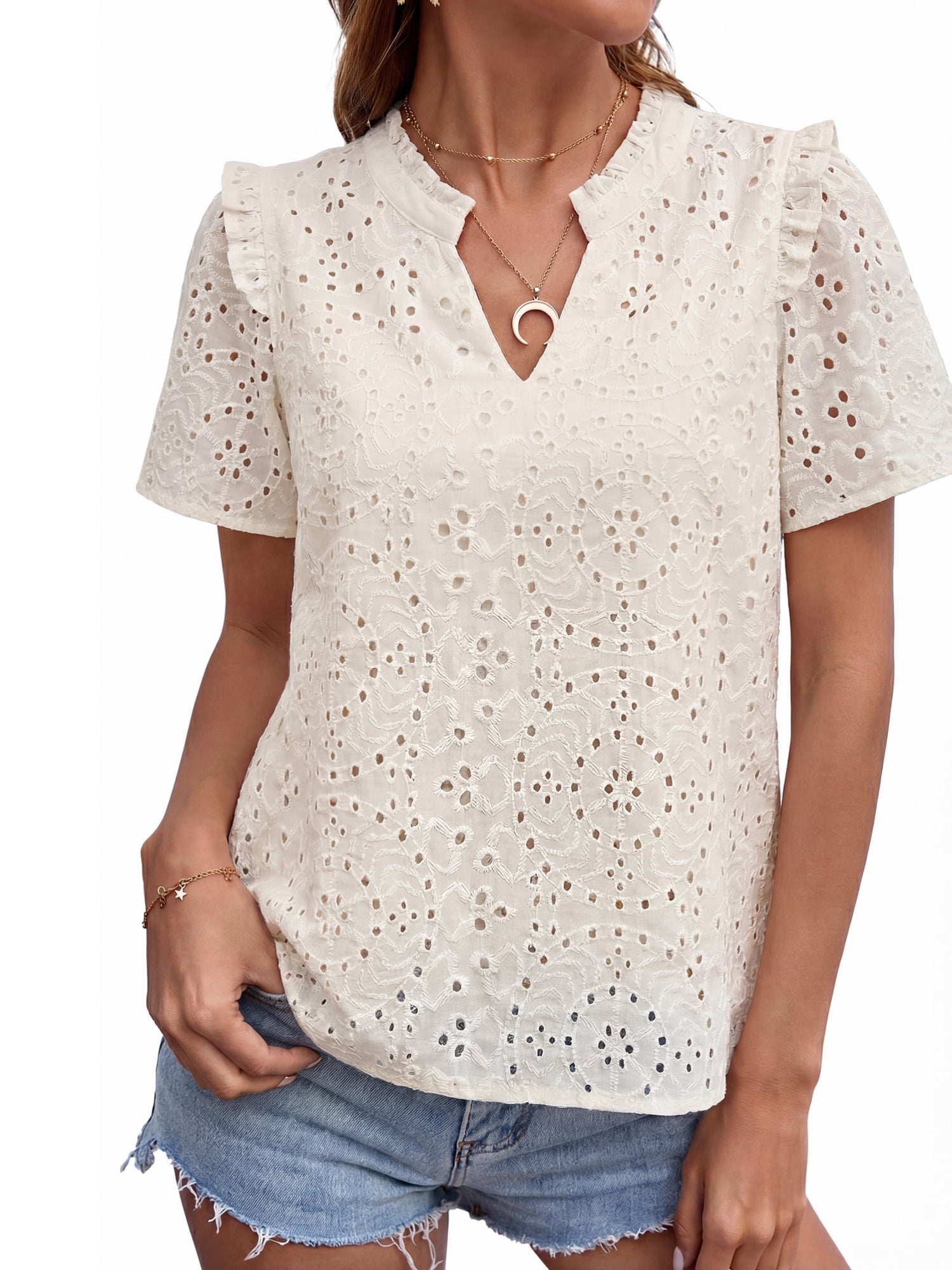PRETTYGARDEN Women's V Neck Eyelet Short Sleeve Top, Sizes S-XXL