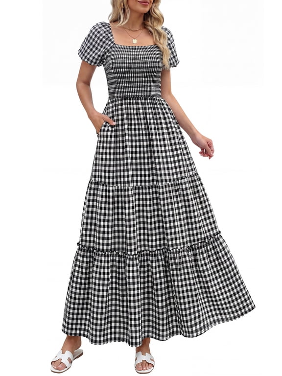 Women's Gingham Short Puff Sleeve Maxi Dress, Sizes S-XXL