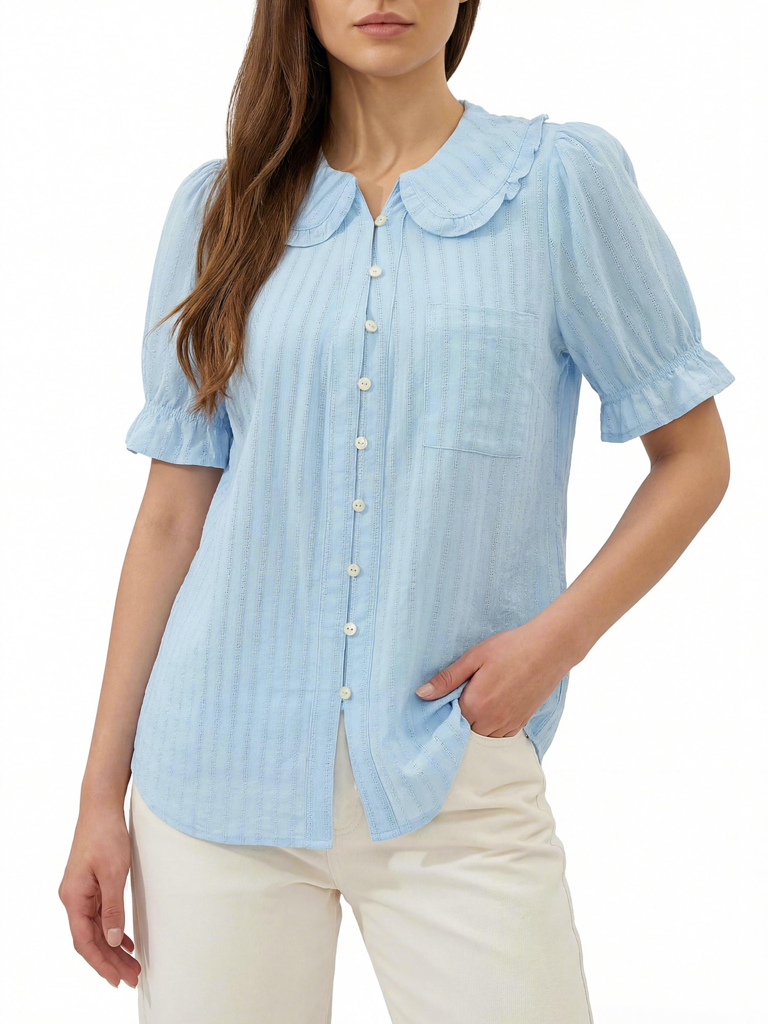 PRETTYGARDEN Women's V Neck Poplin Short Sleeve Button Up Top, Sizes S-XXL