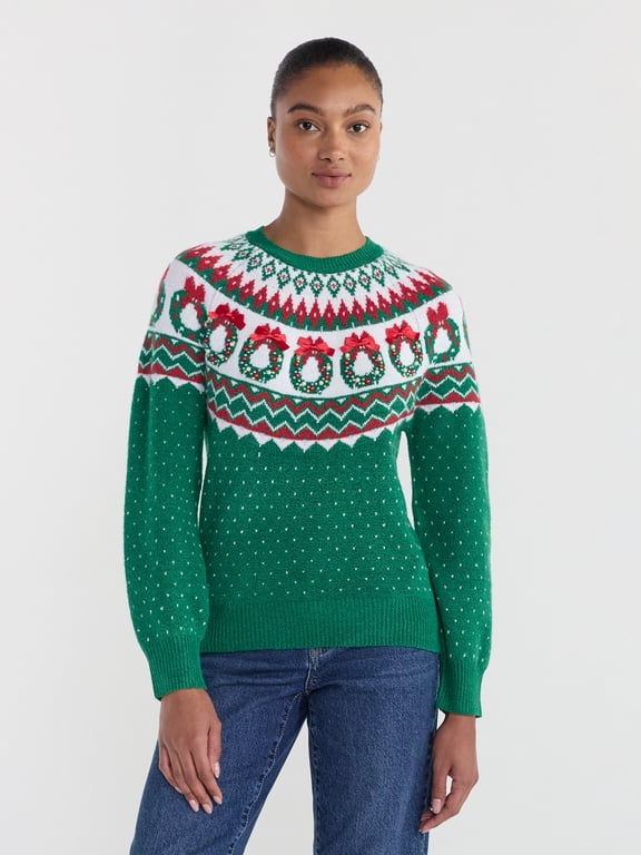 Women's Pretty Wreath Applique Fair Isle Sweater by Holiday Time, Midweight, Sizes XS-XXL