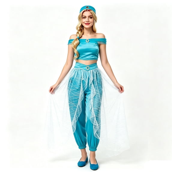 Women's Princess Cosplay Jumpsuit Belly Dance Romper with Headwear Halloween Costume