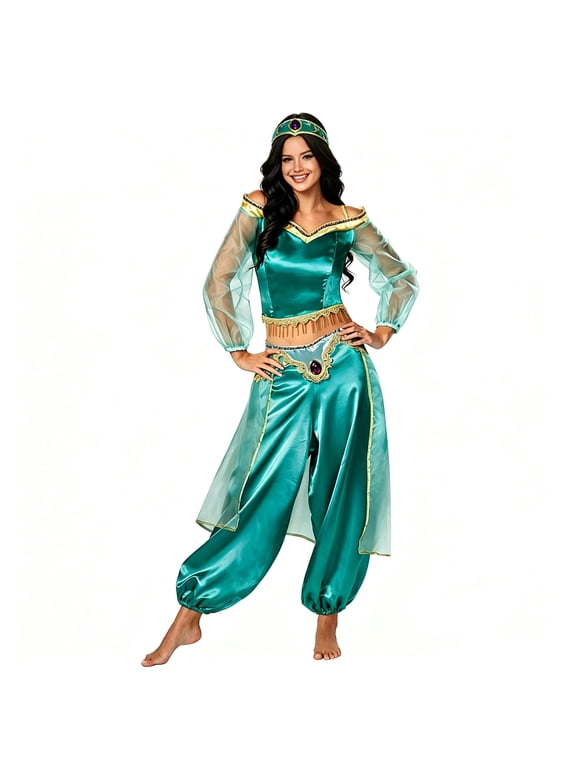 Women's Princess Cosplay Jumpsuit Belly Dance Romper with Headwear Halloween Costume