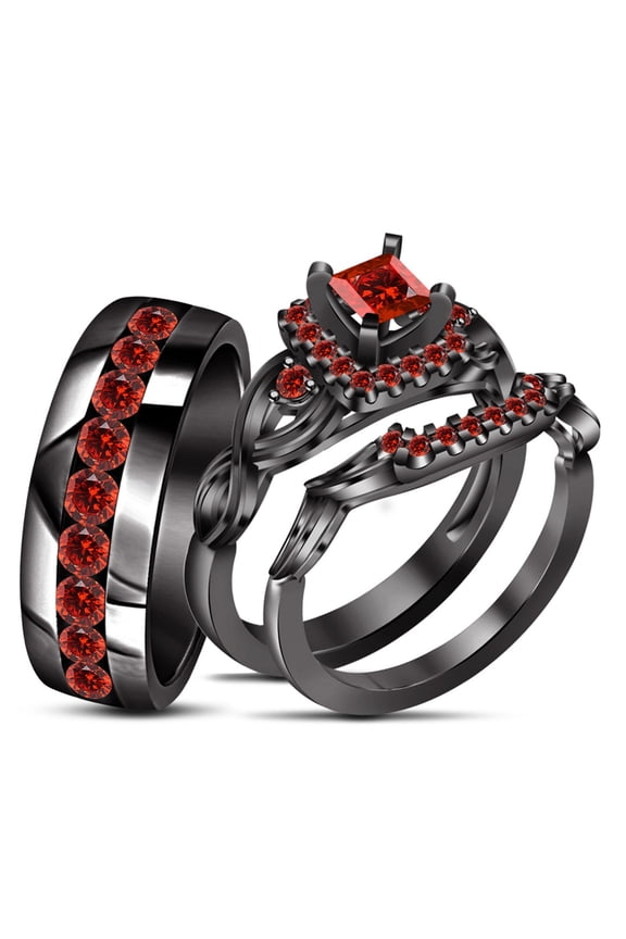 Women's Princess Cut Red Garnet Anniversary His & Her Trio Ring Set - Couples Wedding Ring Trio Set Bride Groom 14K Black Gold Plated Silver