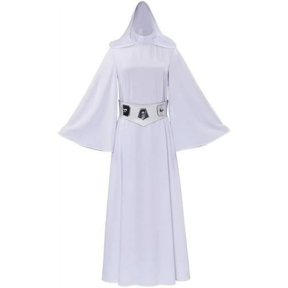 Women's Princess Leia Long Hooded Dress Leia Outfits White Robe with Belt
