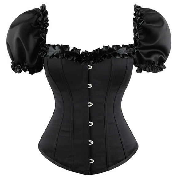 Women's Princess Renaissance Corset Ruffle Trim Bustier Tops Puff Sleeves Elegant Overbust Top Waist Cincher Body Shaper