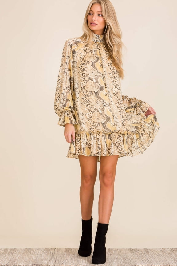 Women's Print Dress Ladies Chiffon Dress Snakeskin Print Long Sheer Sleeves