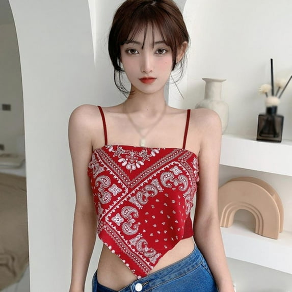 Women's Print Irregular Slim Sexy Backless Exposure Navel Fake Two Pieces Camisole Crop Top