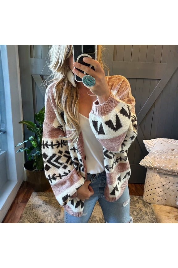Women's Print Knit Sweater Cardigan Coat for Fall and Winter Season, Ideal for Women's Winter Clothing and Outerwear, Winter Clothes for Women,Pink,M
