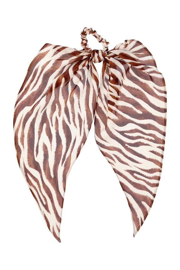 Women's Print Pony Scarf Hair Accessory - Tan: Versatile 2-in-1 Hair Scrunchie & Scarf, Easy Twist Closure, Polyester/Elastic, Holds Ponytail, Braid, or Bun