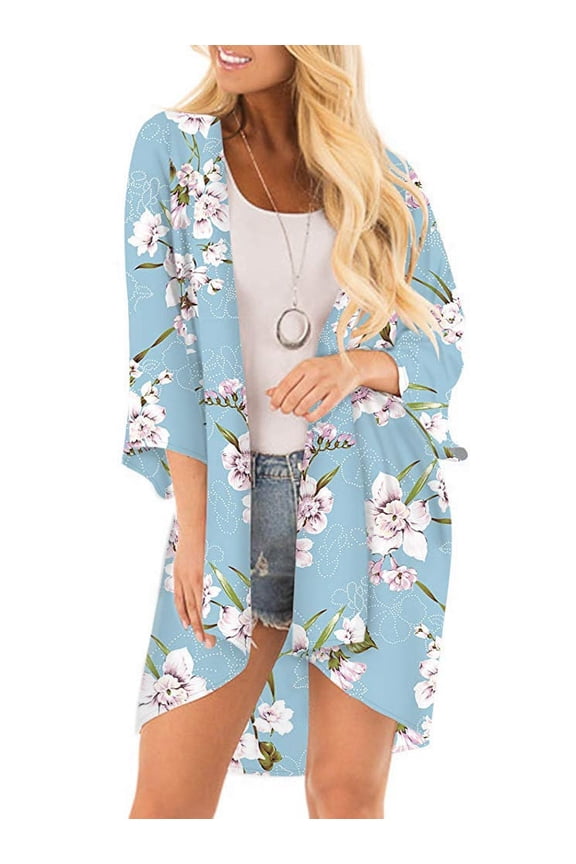 Women’s Print Sheer Flowy Summer Chiffon Loose Casual Kimono Cardigan Cape Cover Up – LPD8968 - L