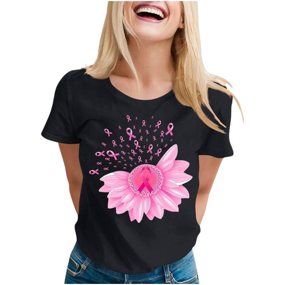 Women's Print Shirt Short Sleeve Crewneck Pullover Basic Top Black-6 S