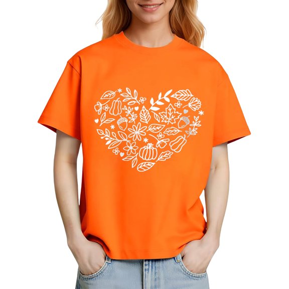 Women's Print Shirt Short Sleeve Crewneck Pullover Basic Top Orange-1 S