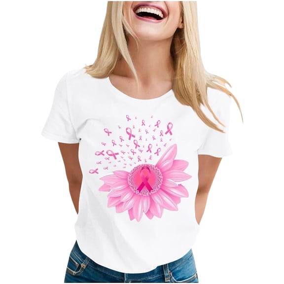 Women's Print Shirt Short Sleeve Crewneck Pullover Basic Top White-6 S