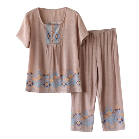 Women's Print Soft Sleepwear Capri Pajamas Sets Short Sleeve Two-Piece Pjs Round Neck Tops & Capri Pants