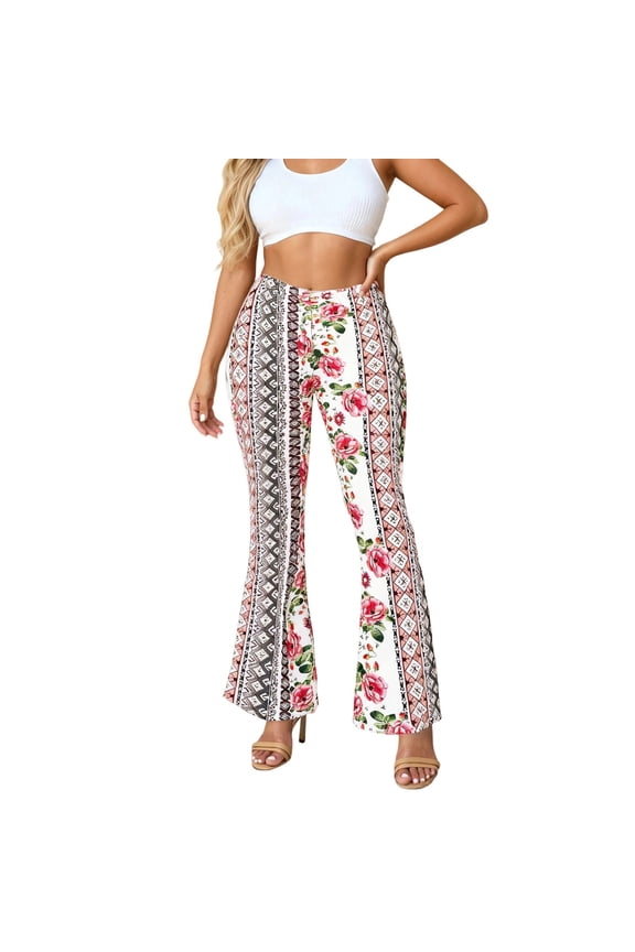 Women's Print Stretch Bell Bottom Flare Palazzo Pants High Waist Boho 70s Lounge Yoga Pants Red L