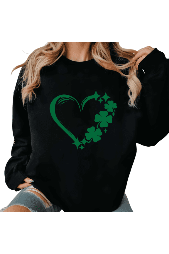 Women's Print Sweatshirt Graphic Sweatshirt Green Heart Frame Clover Star Shirts Festive Pattern for St Patricks Day Casual Black S-3XL Tops