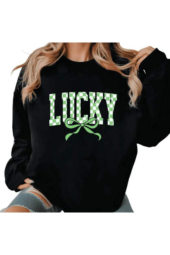 Women's Print Sweatshirt Graphic Sweatshirt Lucky Green Checkerboard Bow Shirts Soft Breathable for Daily Casual St Patricks Day Black S-3XL Tops