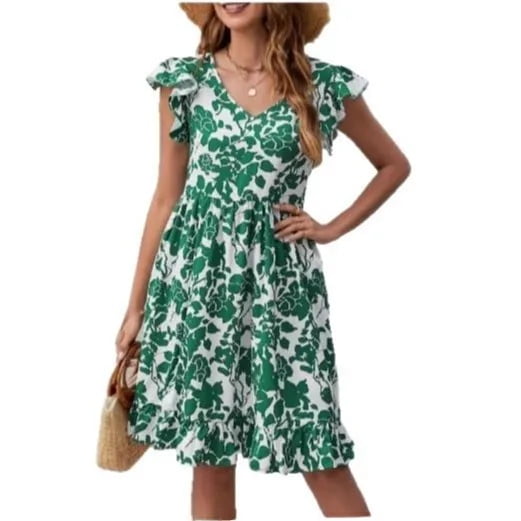 New Women's Print V-Neck Puffy Sleeve Casual Holiday Dress Comfortable Lightweight One-Piece Dress