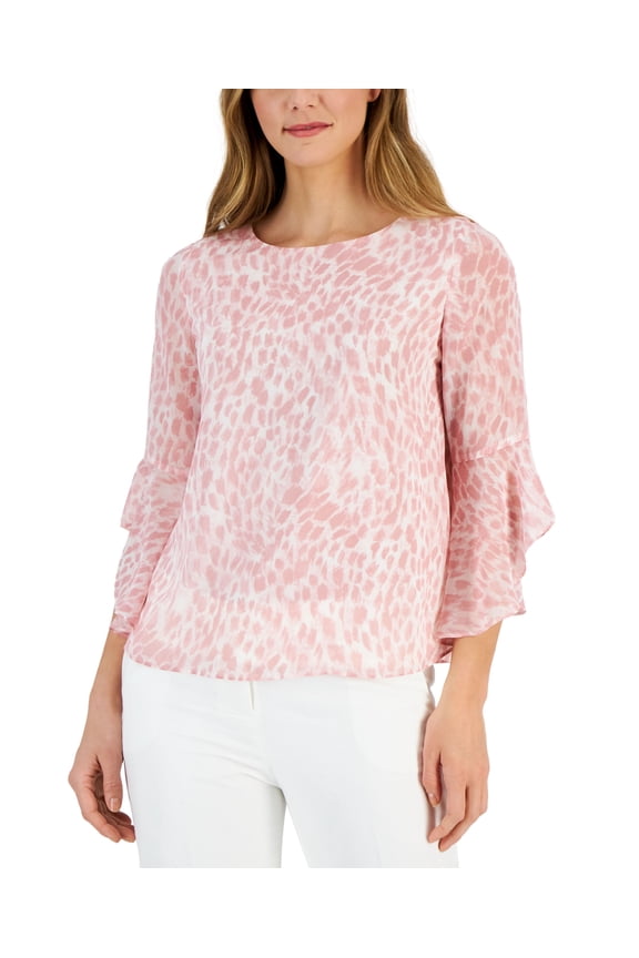 Women's Printed 3/4 Ruffle-Sleeve Blouse Tutu Pink Mult XS