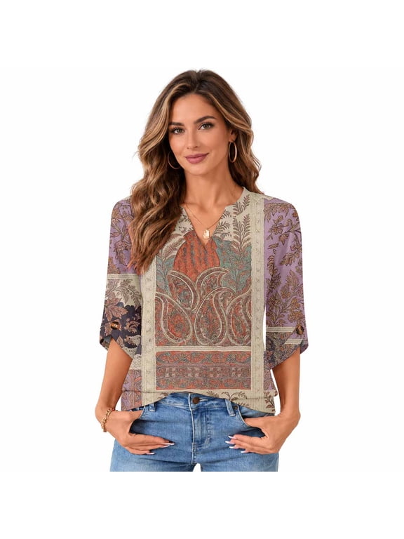 Women's Printed 3/4 Sleeve Split Neck Casual Blouse Top