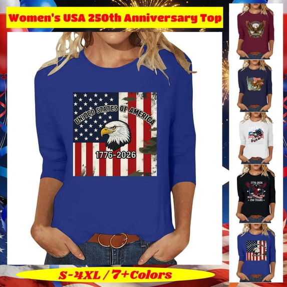 Women's Printed 3/4 Sleeve Tunic Top, Casual Round Neck Pullover Blouse, Summer Spring Fashion Clothing, USA 250th Anniversary Celebration Wear, Plus Size S-4XL, Comfy