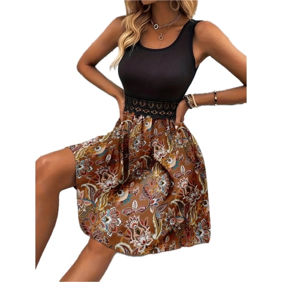 Women's Printed A Line Tank Dress with Lace Waist Detail and Tiered Stretch Silhouette Relaxed Fit 100% Polyester