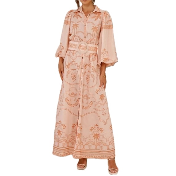 Women's Printed Balloon Sleeve Maxi Shirt Dress with Belt and Button Front 100% Polyester fabric for Everyday Wear